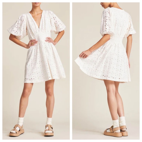 Trovata | Birds of Paradise Gia Eyelet Puff Sleeve Mini Dress | Cream | M - Picture 1 of 12